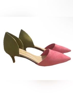 Boutique Colorblock Suede D’Orsay Kitten Heels Pink Olive Pointed Toe 7.5